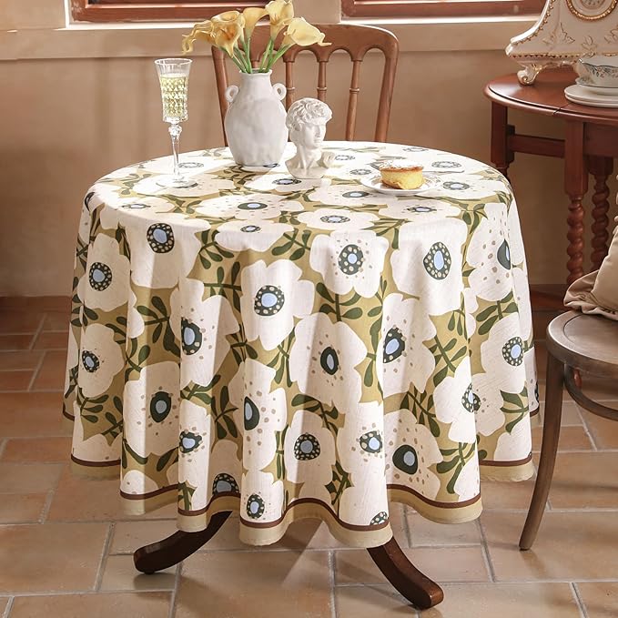 Designer Vintage Small Round Tablecloth,Linen French Tablecloth with White Floral Pattern,Decor Table Cover for Kitchen,Dining,Thanksgiving,Tea Party,Diameter 55"-Hidaka