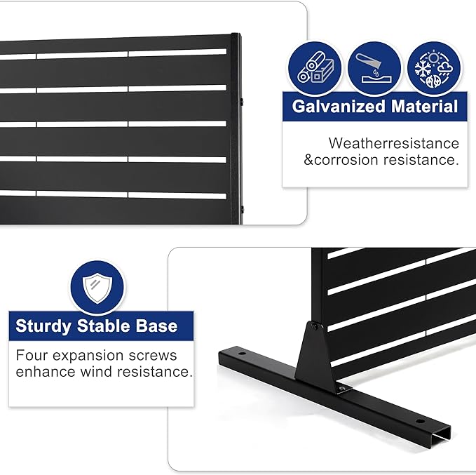 FENCY Metal Privacy Screen with Stand 72" H×44" W Outdoor Freestanding Privacy Panels, Outdoor Privacy Screen for Deck Patio Balcony(Black-Louvered)