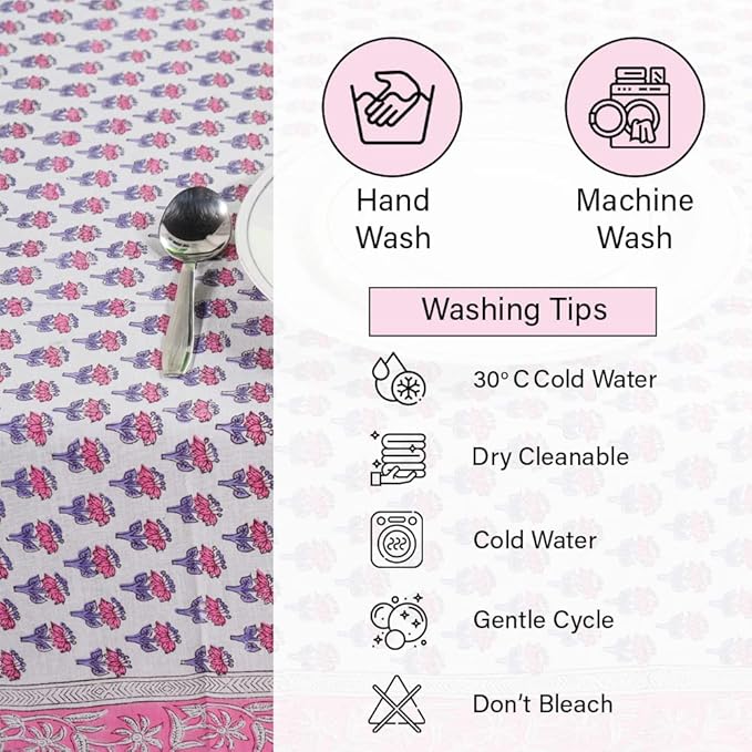 CPC Tablecloth 100% Cotton 72x190 Inch Indian Block Print Rectangle Table Cover, Pink Table Cloth for Weddings, Spring/Summer, Barbeque - Pink Sapphire
