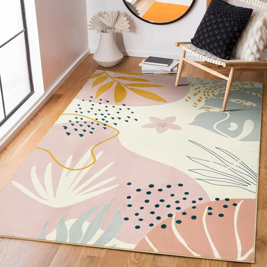 RoomTalks Cute Pink Nuresry Rug Washable, Boho Modern Contemporary Aesthetic 5x7 Area Rugs for Bedroom Dining Living Room Dorm, Abstract Art Tropical Leaves Thin Indoor Entryway Rug Carpet