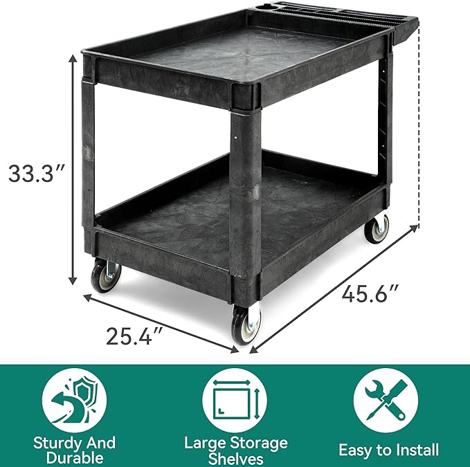 YITAHOME Utility Cart on Wheels, 550 lbs Capacity, 45 x 25 Inch Rolling Work Carts with Wheels, 2 Shelf Heavy Duty Plastic Service Cart Suitable for Warehouse, Garage, School & Office, Cleaning, Black