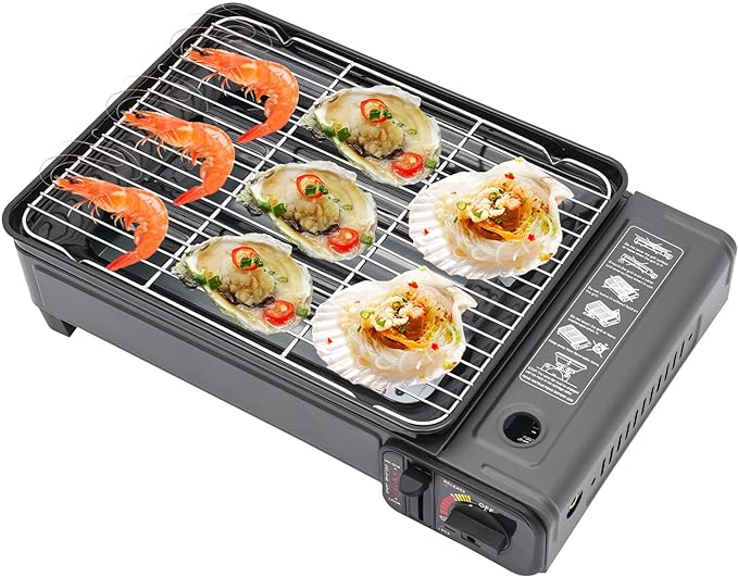 Portable Gas Grill Butane Stove, Tabletop BBQ Grill with Grilling Net and Baking Sheet for Camping Traveling Outdoor Cooking