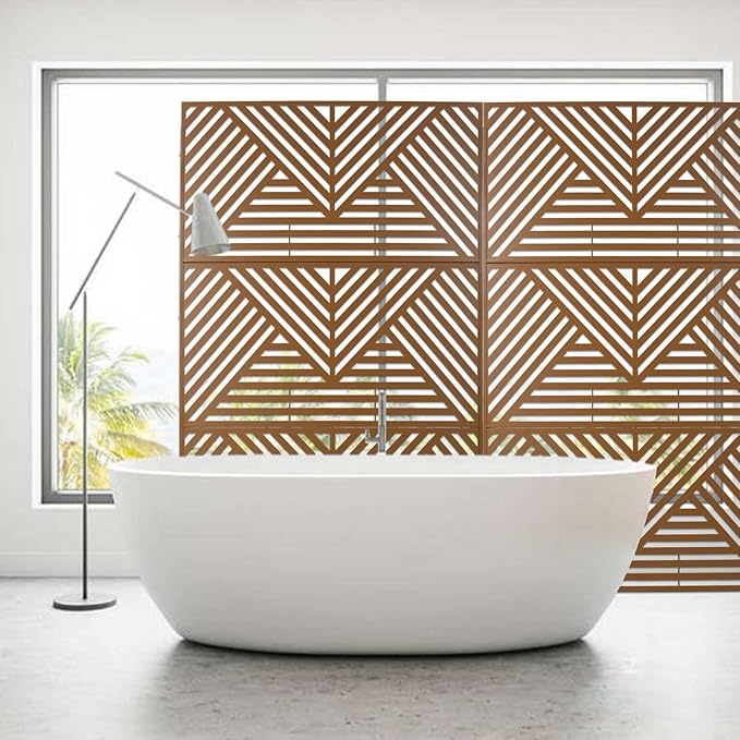 Outdoor Privacy Screen with Geometric Design – Metal Decorative Panel, Freestanding Partition, Weather-Resistant, 76"x48" for Garden, Patio, Balcony, and Yard, Brown