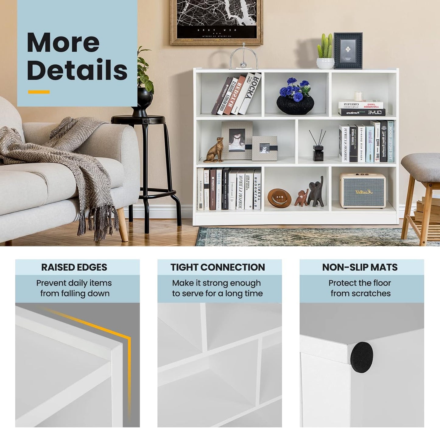 Giantex 8 Cube Bookcase, Freestanding 3-Tier Open Bookshelf, Modern Storage Display Cabinet, Wood Cube Storage Organizer for Living Room, Kid’s Room, White