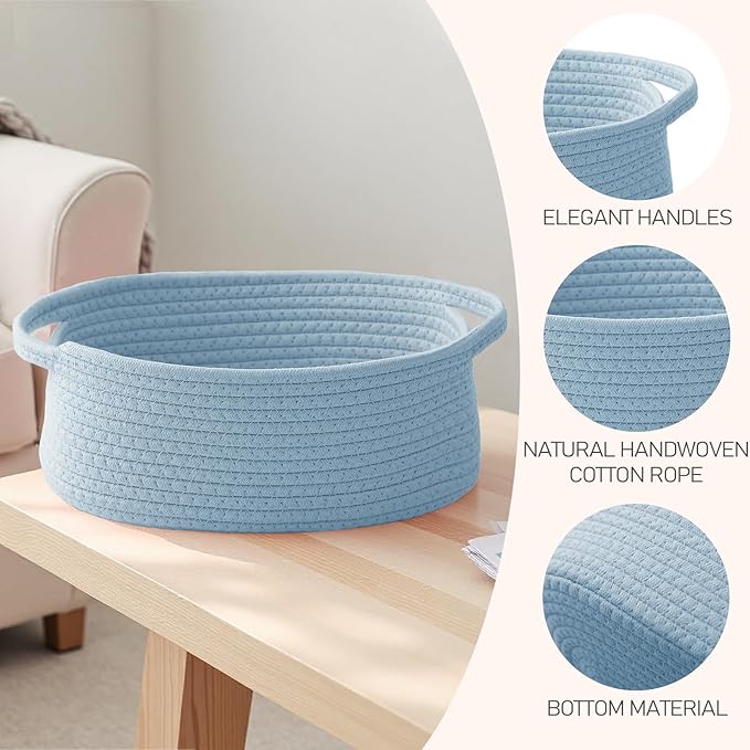 Woven Basket,Small Rope Storage Bin with Handles & Ribbon Bag, Organizer for Shelves Closets,Gift Basket Empty for Birthday,Books,Dog Toys, Blue/2 Pack