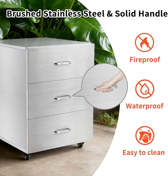 JIEJIN Outdoor Kitchen Drawers Stainless Steel Triple BBQ Island Drawer Flush Mount Outdoor Kitchen Cabinets with Handles with Wheels for Outdoor Kitchens or BBQ Island Patio Grill Station, Silver