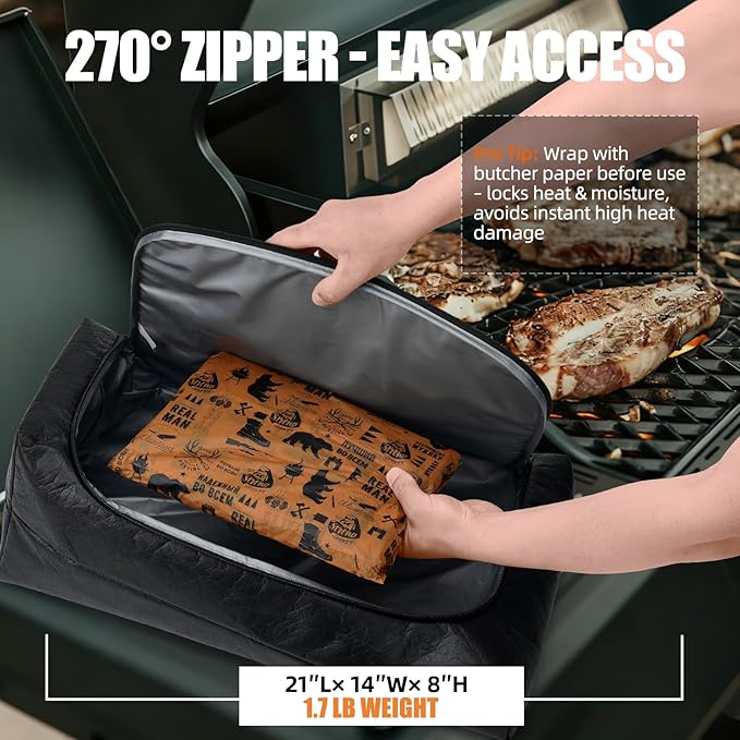 BBQ Blanket for Resting Meat, Leak-Proof Insulated Meat Resting Bag, 270° Top Opening for Large Briskets, Turkey, Washable Smoker Accessories Gift for Men or for BBQ Lover - 21in