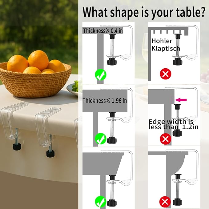 12 Pieces Adjustable Tablecloth Clips, Suitable for Tables 0.4 to 1.96 Inch Thick. Strong and Stable Grip to Prevent Tablecloth Slippage. Damage-Free Table Cloth Holder Clips, Easy to Install.