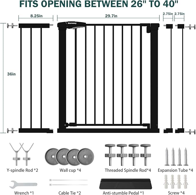 Mumeasy 36" Extra Tall Dog Gate, Auto Close Baby Gate for Stairs Doorways, 29.7-46" Wide Walk Thru Child Safety Gate for House, Easy Install Pressure Mounted Metal Pet Gate with Door, Black