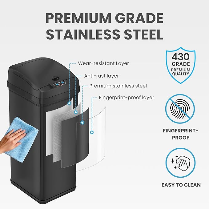 iTouchless 50 Liter / 13 Gallon Kitchen Trash Can with Lid & AbsorbX Odor Filter – Motion Sensor Matte Black Stainless Steel Garbage Bin for Home, Office, or Garage – Slim, Large Capacity Design