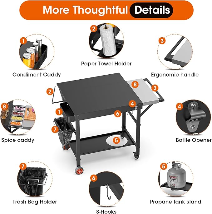 Pizza Oven Table, Grill Cart Table for Ooni Pizza Ovens, Expansive Countertop Pizzas Oven Accessories, Pizzas Stands for Party with Wheels Fits Ooni Blackstone Ninja Cuisinart Gozney