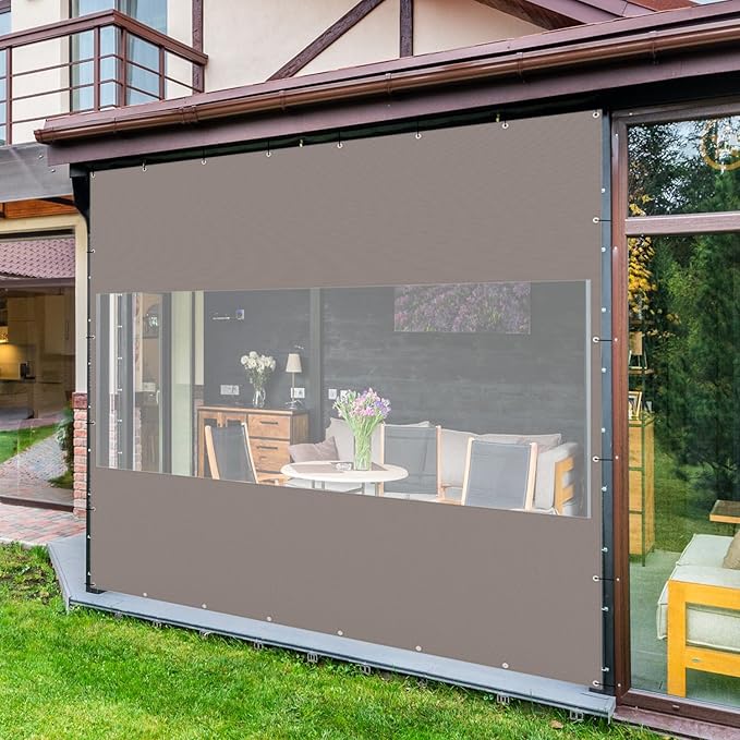 Domi Heavy Duty Outdoor Clear Panel Curtain, 18 oz Waterproof PVC Polyester Curtain, Weather Resistant & Tearproof for Patios, Gazebos, Pergolas, Privacy Screen (8'H x 8'W, Gray)