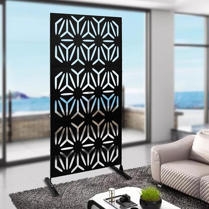 Metal Outdoor Privacy Screen with Stand,Freestanding Privacy Screen & Panels, Decorative Outdoor Divider with Stand Panels for Deck Patio Balcony (35.4 * 15.75 * 74.8in)