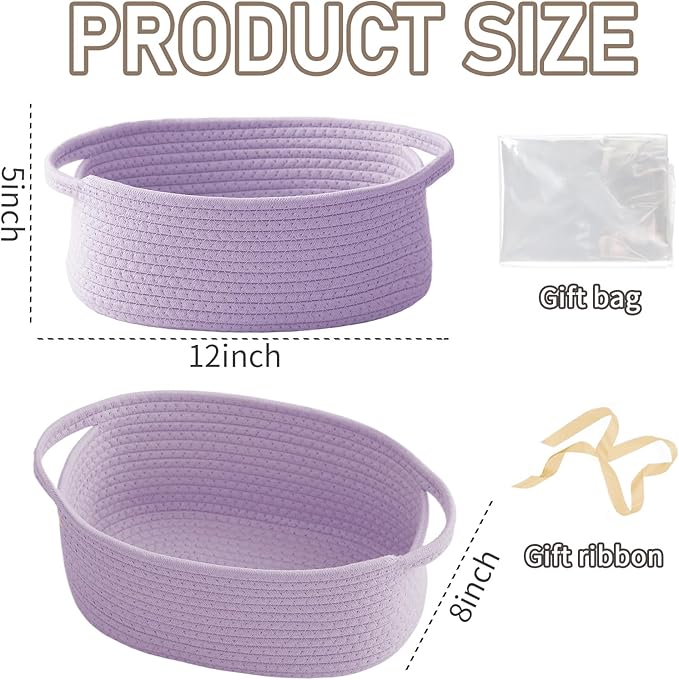 Woven Basket,Small Rope Storage Bin with Handles & Ribbon Bag, Organizer for Shelves Closets,Gift Basket Empty for Birthday,Books,Dog Toys, Purple/3 Pack