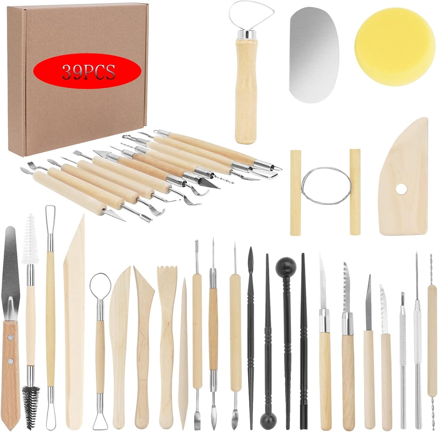 Yagugu Pottery Supplies Clay Tools for Sculpting, 39Pcs Basic Wood Ceramics Carving Polymer Clay Tool Supplies kit Supplies for Kids Adults and Artists Modeling Shaping Building for Art&Craft Gifts