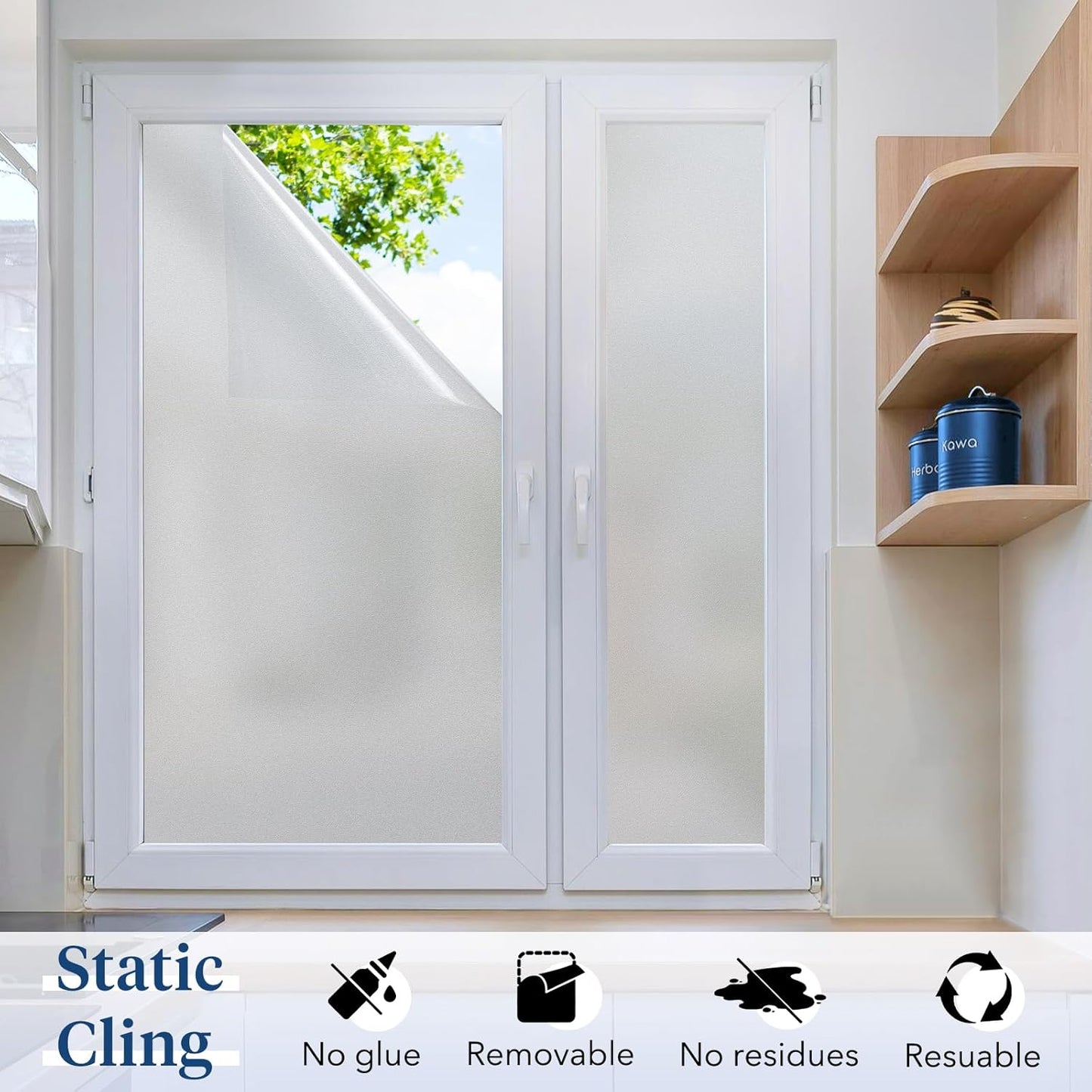 Haton Window Privacy Film Frosted Glass for Bathroom, Static Cling UV Sun Blocking Window Clings, Opaque Decorative Coverings Removable Sticker Heat Control Tint for Home Door, Pure 35.4" x 157.4"
