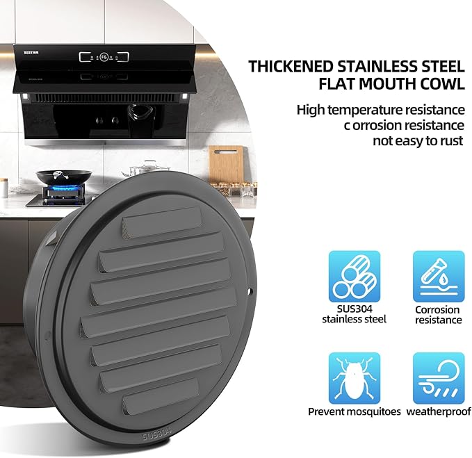 4inch 304 Stainless Steel Air Vents, Louvered Grille Cover Vent Hood Flat Ducting Ventilation Air Vent Wall Air Outlet with Fly Screen Mesh for House (4 inch Black Paint Cover （100mm）)