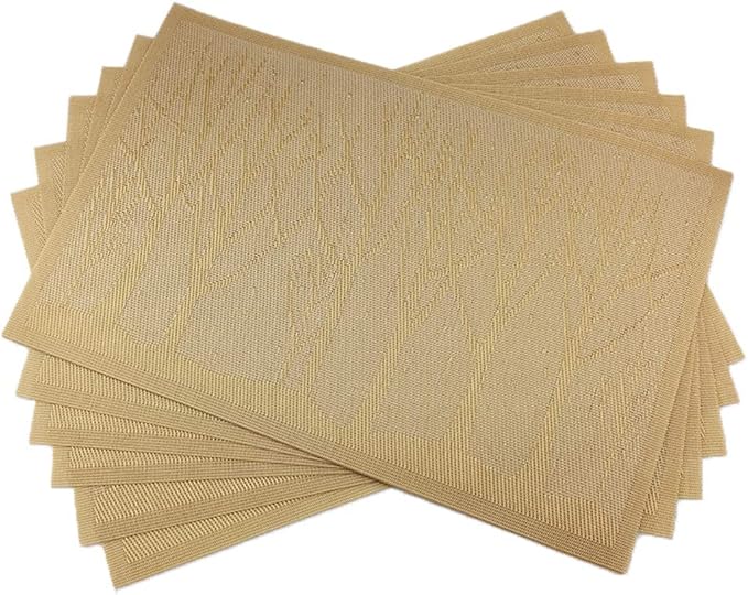 Gugrida Place Mats PVC Set of 6, Table Placemats Set of 6 PVC Washable Woven Vinyl Place Mats Heat Insulation Top Meal Mat Table Mats Natural Color (6 pcs, Gold Tree), 18 x 12 inch