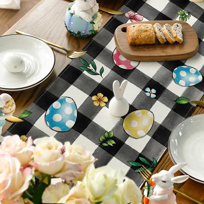 Artoid Mode Buffalo Plaid Bunny Egg Flowers Happy Easter Table Runner, Seasonal Spring Kitchen Dining Table Decor for Home Party Decor 13x36 Inch