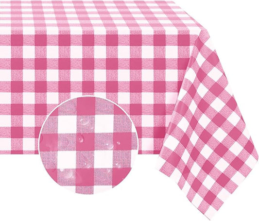 Romanstile Square Vinyl Tablecloth, 100% Waterproof Buffalo Gingham Plastic Table Cloth, Heavy Duty Wipeable Checkered Table Covers for Outdoor, Camping, Picnic, Patio - 54 x 54, Hot Pink