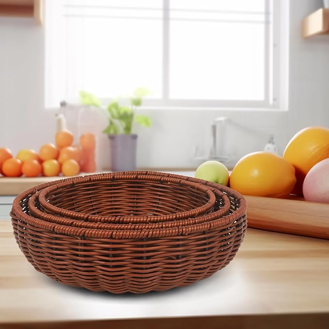 Imitation Wicker Bread Basket, 3 Pack Woven Rattan Basket Round Woven Baskets Woven Breads Baskets For Serving Vegetables, Kitchen, Restaurant, Outdoor, 3 Sizes (Brown)