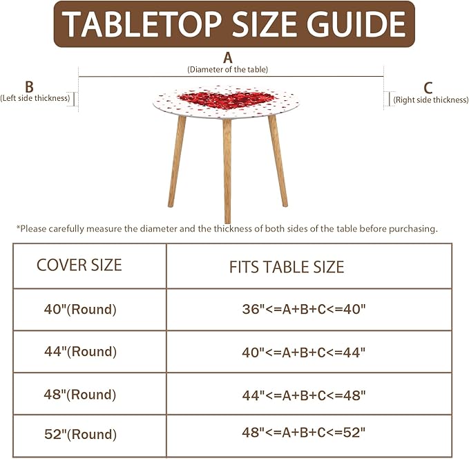 Valentines Day Round Fitted Tablecloth with Elastic Red Love Heart Circle Table Cloth for 44-48" Tables Wipeable Waterproof Washable Valentine Decorative Table Cover for Picnic Dining Party Decor