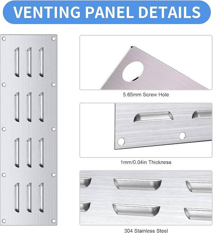4 Pack Stainless Steel Venting Panel for BBQ Grill Accessory, 15x4.5 Inch (12-Slots), 304 Grade Metal Vent Cover for Masonry Fire Pits & Outdoor Kitchens, Weather Resistant, 15" by 4-1/2"