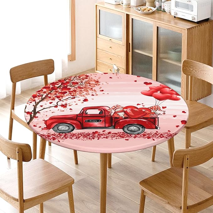 Valentines Day Round Fitted Tablecloth with Elastic Pink Red Heart Circle Table Cloth for 36-40" Round Tables Wipeable Waterproof Washable Gnome Truck Valentine Table Cover for Dining Picnic Party