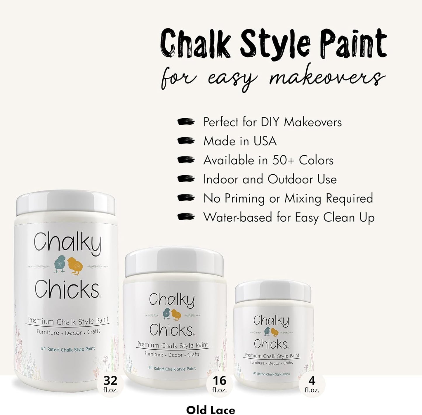 Chalky Chicks All-in-One Chalk Paint for Furniture or Cabinet - 16 Fl Oz - Matte Finish Old Lace (Off White) for Metal, Wood Furniture Paint - No Sanding All-in-One for Home Decor & Crafts, USA Made