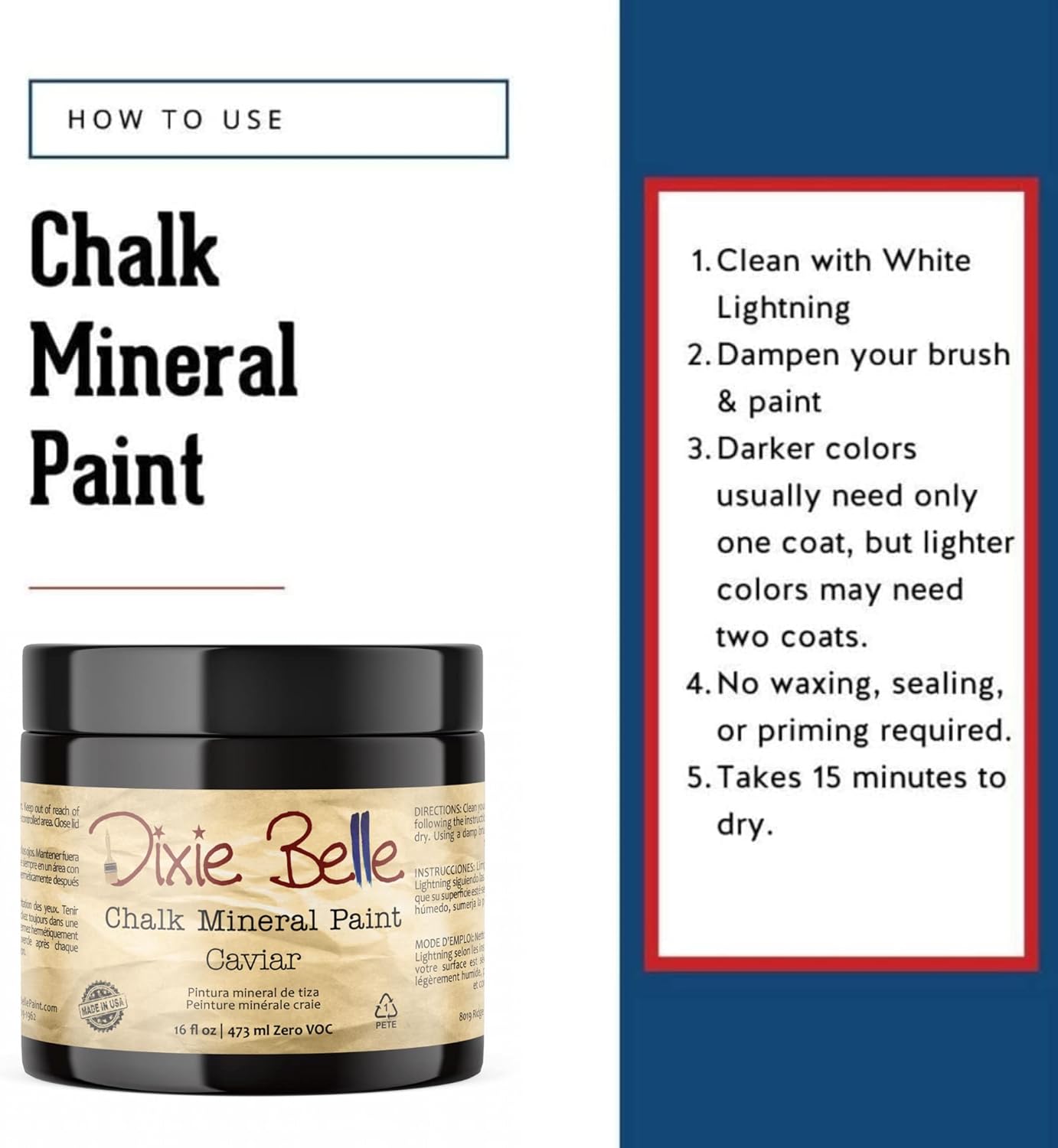 Dixie Belle Paint Company Chalk Finish Furniture Paint - Caviar (16oz) - Matte Black Chic Chalk Mineral DIY Furniture Paint