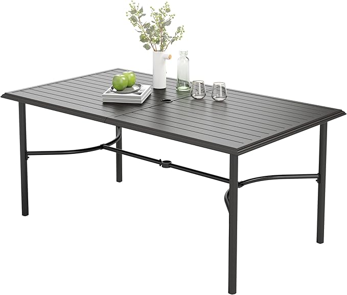 Outdoor Patio Dining Table for 6, 67" x 38" Rectangular Metal Patio Dining Table with Umbrella Hole for Garden, Backyard and Porch