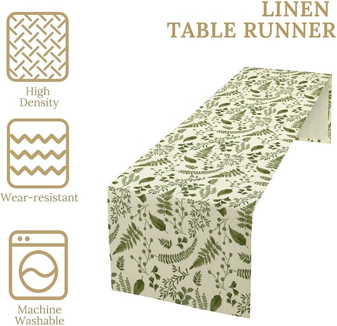 Green Leaves Table Runner,Spring Summer Herbs Botanical Natural Plants Print Table Runner for Kitchen Dining Table Farmhouse Home Party Decor 13x108in