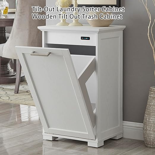 OLD CAPTAIN Tilt-Out Laundry Sorter Cabinet/Wooden Tilt Out Trash Cabinet, with Negative ion and deodorizing Function to Ensure The Cleanliness of The Kitchen Trash can(White)