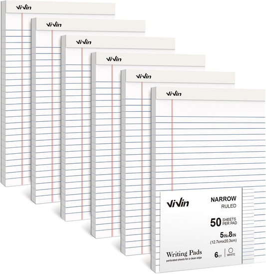 ViVin 5 x 8 Inch Legal Pads, 6 Pack, Narrow Ruled, 50 Sheets Per Writing Pad, Perforated Note Pads Ideal for Home, Office, Business, 300 Sheets, White Paper