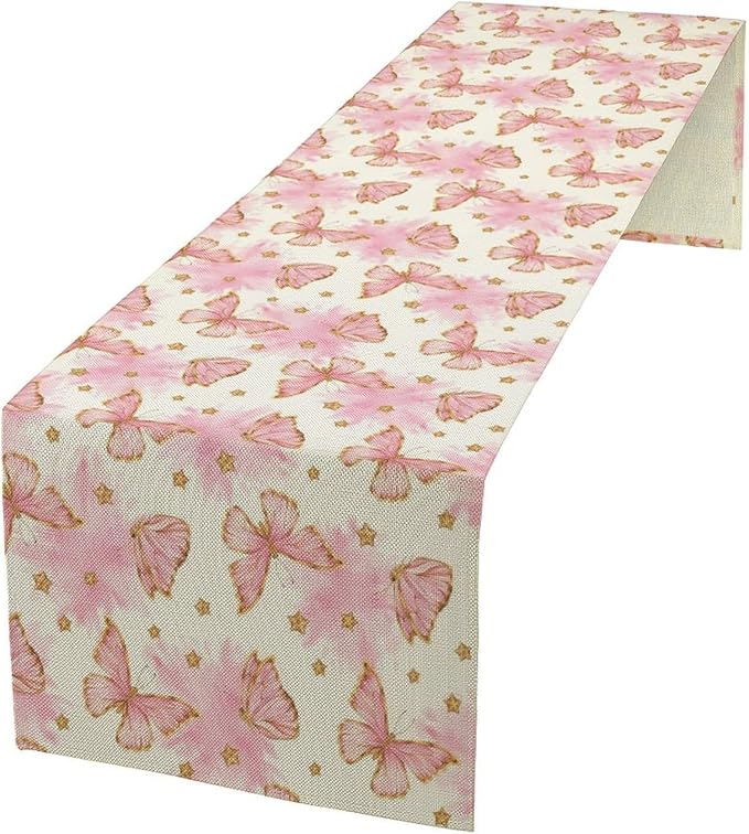 Watercolor Butterfly Table Runner, Cute Pink Butterfly Spring Modern Aesthetics Print Table Runner for Holiday Kitchen Dining Outdoor Home Party 13x36in