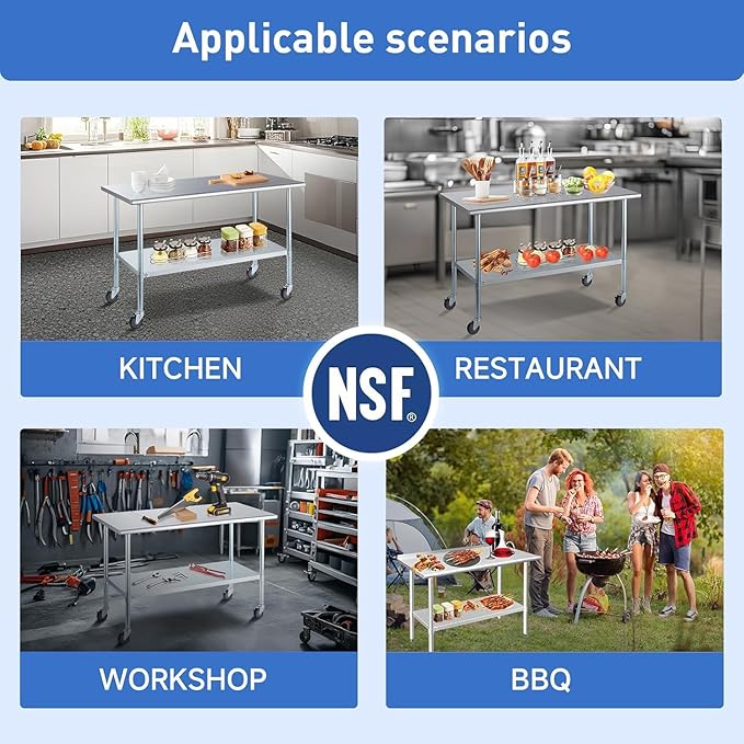ROCKPOINT Stainless Steel Table for Prep & Work with Caster Wheels 30x72 Inches, NSF Metal Commercial Kitchen Heavy Duty Table with Adjustable Under Shelf and Table Foot for Restaurant, Home and Hotel