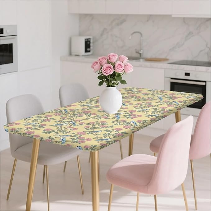 Rectangle Table Cloth Cover Waterproof Elastic Fitted Polyester Fitted Tablecloths for 8 Foot Tables for Indoor,Picnic, Camping, Outdoor （96" x 30"，Bird）