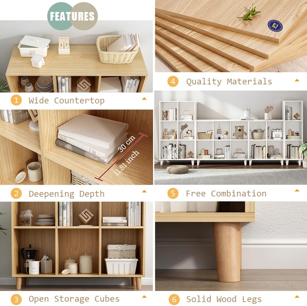 IOTXY Open Cube Low Bookcase - 3-Tier Freestanding Storage Display Cabinet Organizer with Legs for Home Office, 6-Cubes Open Shelf Short Bookshelf, White