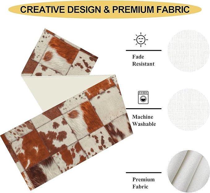 Cow Print Table Runner, Brown Cowhide Print Collage Fur Western Style Table Runner Country Farmhouse Cottage Cow Pattern Linen Table Decoration for Home Kitchen Dining 13x72