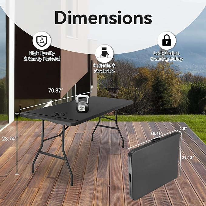 80 Pack of 6 Foot Foldable Table with Built in Handle & Steel Legs ,Heavy Duty Portable ,Perfect for Party, Dining, Wedding, Events, Picnic Indoor, Outdoor, Camping, Utility, Folding(Black-80pac)