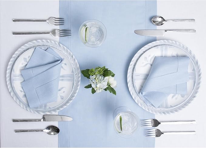 Solino Home Linen Sky Blue Table Runner 156 Inches Long - 100% Pure Linen Extra Long Table Runner 14 x 156 Inch for Spring, Easter - Classic Hemstitch