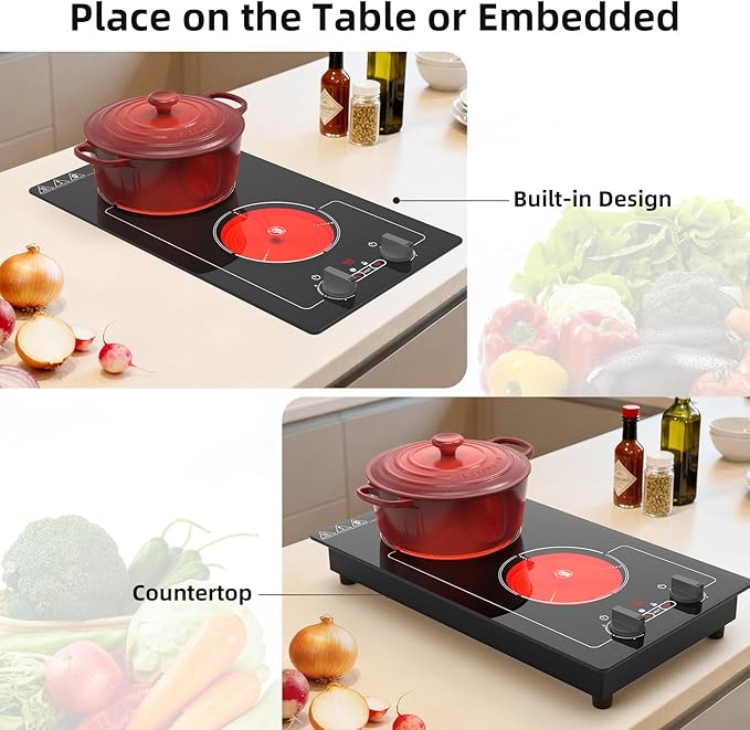 Electric Cooktop,110V 2100W Stove top,9 Power Levels, Kids Lock & Timer, Hot Surface Indicator, Overheat Protection,knob and touch control 2 burner Electric cooktop