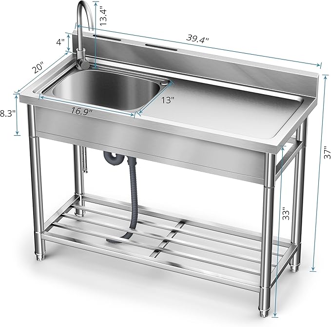 Stainless Steel Sink, Free Standing Kitchen Sink with Countertop Workstation, Utility Sink Single Bowl with Cold and Hot Water Pipe for Kitch Laundry Room Garage Farmhouse Indoor Outdoor (39 Inch L)