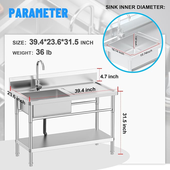 Stainless Steel Utility Sink, 39'' Free Standing Single Bowl Kitchen Sink with Cold and Hot Water Pipe, worktop,Indoor and Outdoor for Laundry Room Farmhouse Kitchen