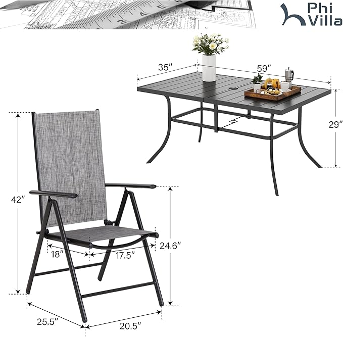 PHI VILLA Patio Dining Set for 6, Outdoor Dining Table and Chairs Furniture Set with Adjustable Foldable Patio Dining Chairs (Gray) & Metal Steel Table for Garden