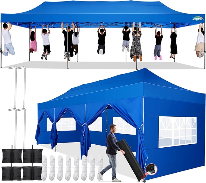COBIZI 10x30 Pop up Canopy Tent 10x30 Canopy with Sidewall Waterproof Heavy Duty Commercial for Parties Outdoor Garden Gazebo Tent, Carry Bag with Wheel(10x30ft with Sidewalls,Blue)