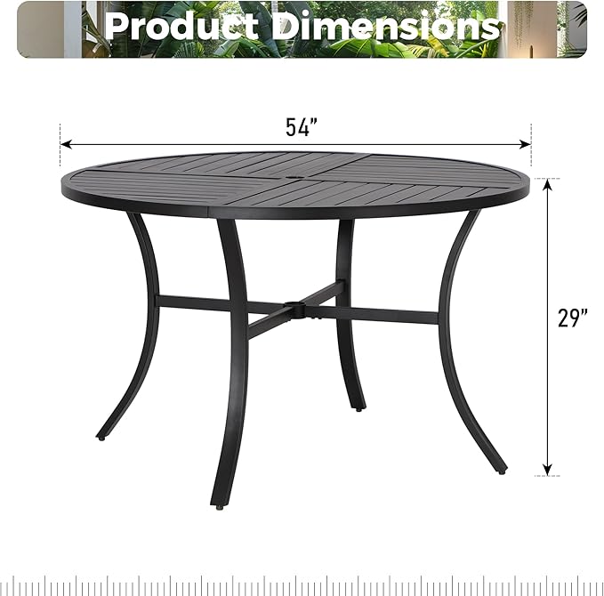 Outdoor Patio Round Dining Table for 6, 54"x 54" Metal Round Table with Adjustable Umbrella Hole, All Weather Wrought Iron Black Outdoor Table for Deck Lawn Garden Backyard, Black