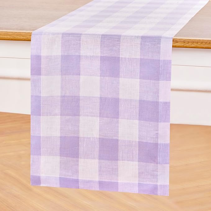 Solino Home Linen Checkered Table Runner 36 Inches - 100% Pure Linen Misty Lavender Buffalo Check Table Runner 14 x 36 Inch Ideal for Dresser and Coffee Tables - Valentines, Spring, Easter