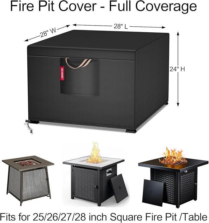 QH.HOME Fire Pit Cover, 28 inch Firepit Covers Square - Heavy Duty Gas Fireplace Fire Pit Table Cover for 26/27/28 inch Propane Fire Pit 28 X 28 inch