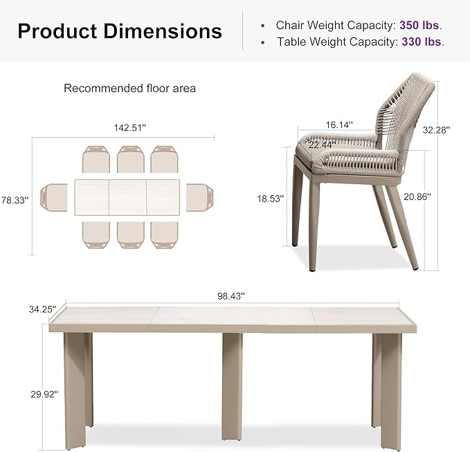 PURPLE LEAF 9 Pieces Patio Dining Set Aluminum Modern Rectangular Table and Wicker Chairs with Cushions for Kitchen Porch Garden Outdoor Furniture Sets, Champagne
